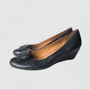 Navy Leather Buckle Wedges Shoes Heels Not Fendi - image 1